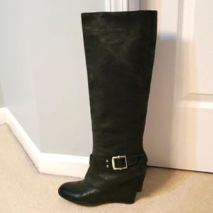 Vince Camuto black leather tall boots with silver buckle. Size 9.5